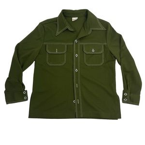 Vintage Kings Road Shirt Women 44 Olive Green White Stitch Button Up Sears 1970s